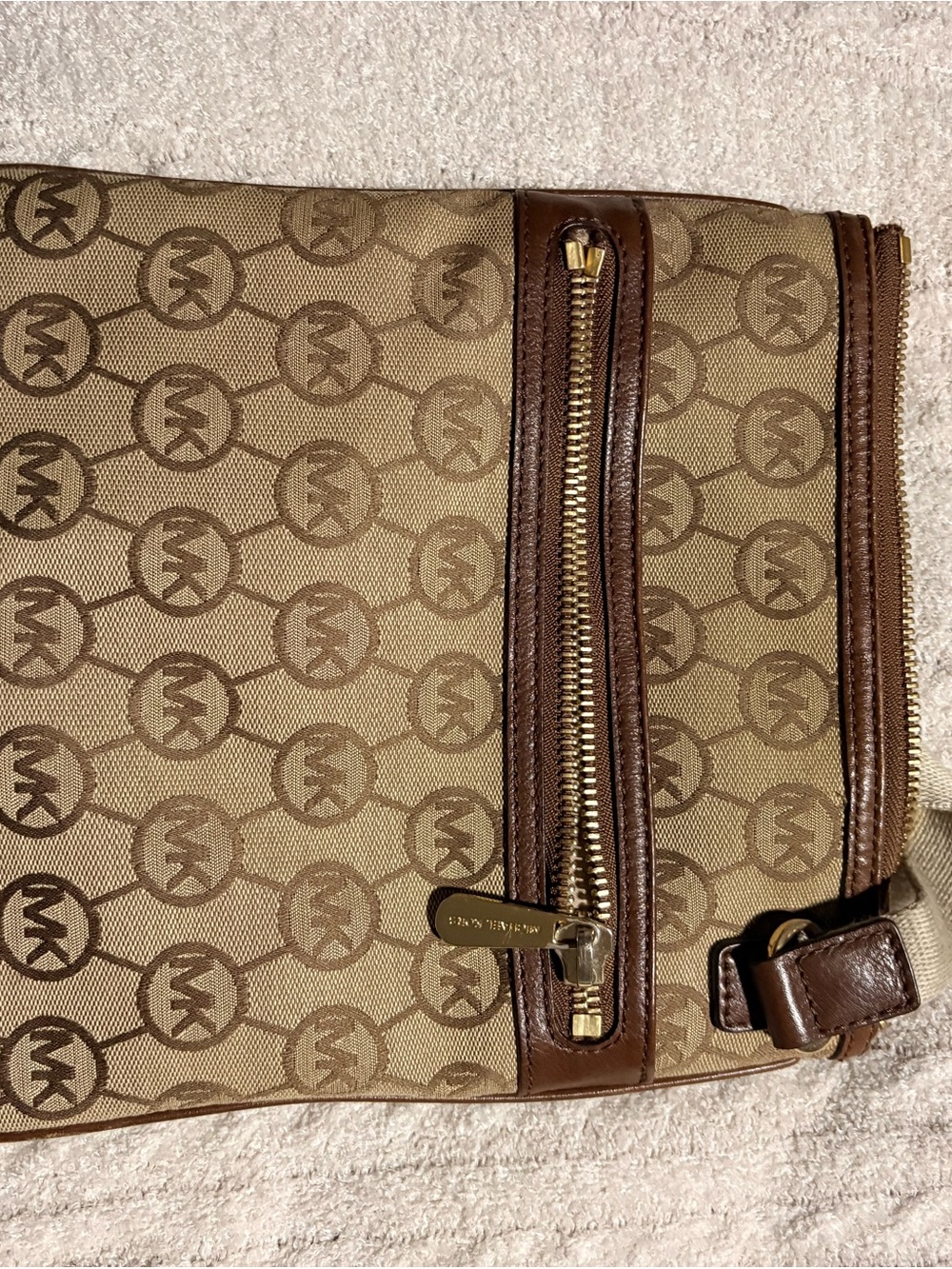 Michael Kors Brown Monogram Messenger Bag with Gold Hardware